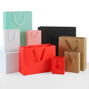 Grosir Custom Printed Logo Packaging tas Gift Craft Shopping Paper Bag Kanthi Ribbon Ngalahake