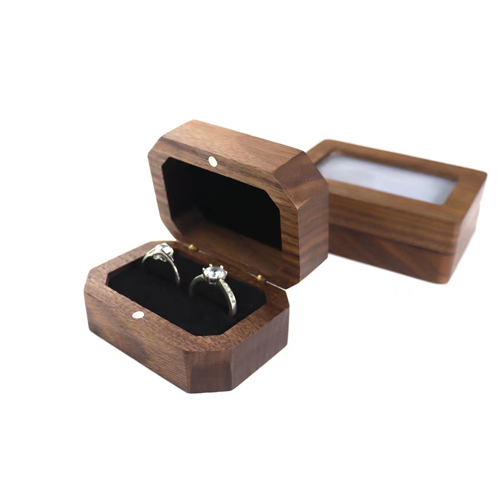 I-Wholesale Retro Octagon Walnut double Ring box Ibhokisi lokugcina ubucwebe elivela e-China