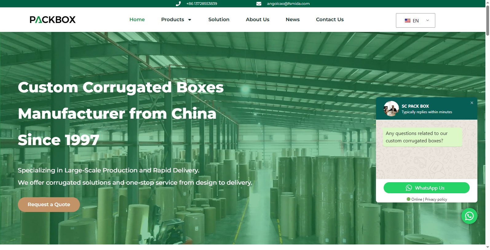 Được thành lập vào năm 1997, SC Pack Box có một số nhà máy tại Trung Quốc và sản xuất hơn 1 triệu hộp mỗi ngày. Với dây chuyền tiên tiến từ BHS của Đức và giải pháp keo xanh