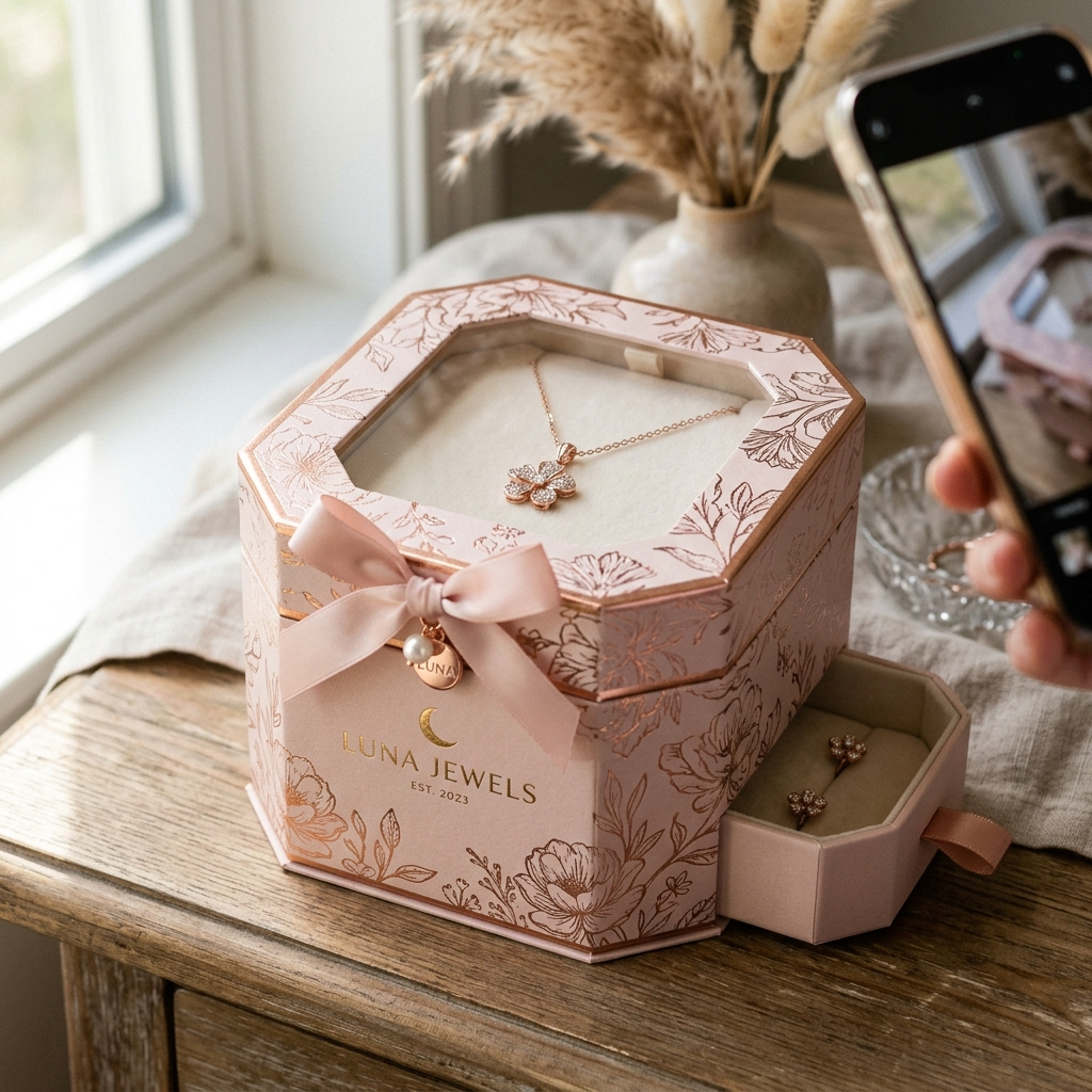 Artistic boutique jewelry packaging box showcasing