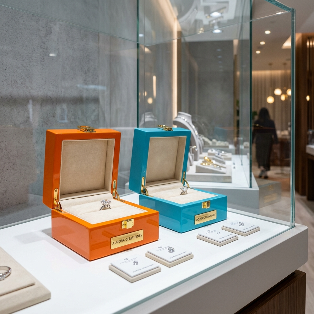 Luxury diamond store display showcase featuring