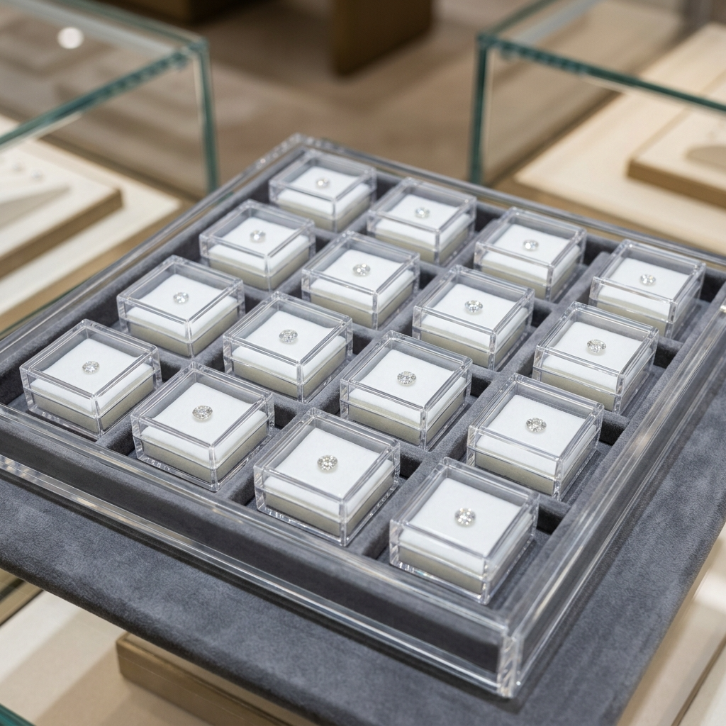 White or grey velvet tray with multiple checkered compartments