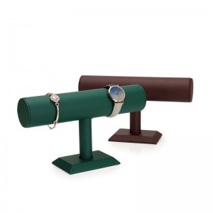 Custom Double T bar green color jewelry roller display PU Leather stand velvet jewelry display for watch necklace 