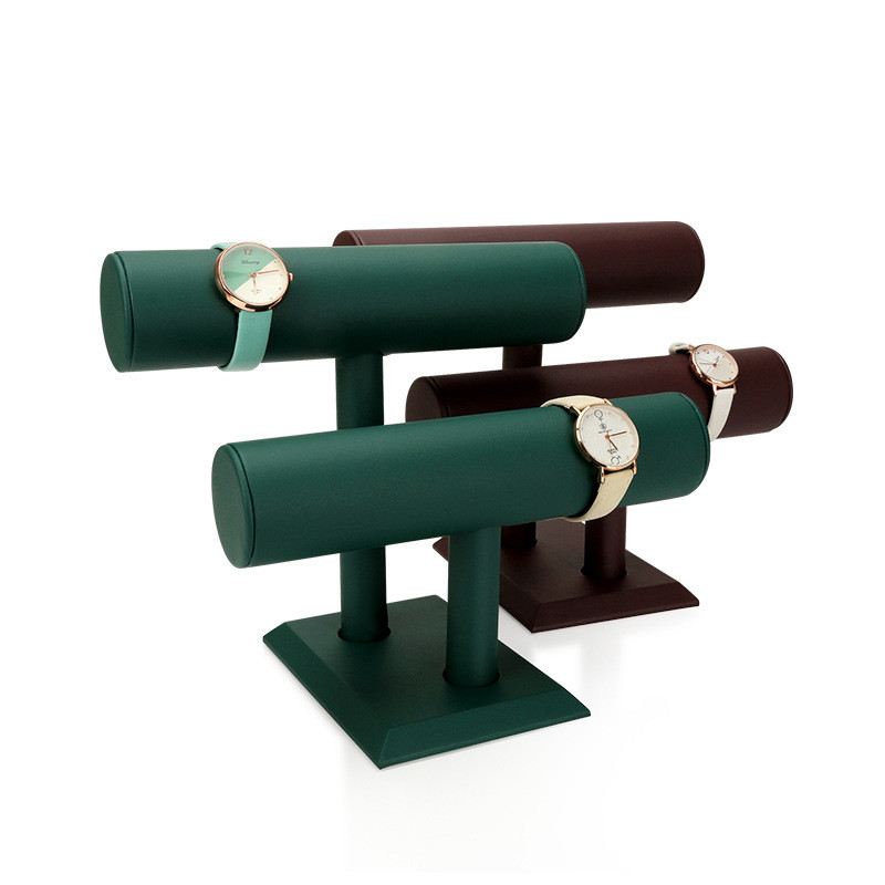 Custom Double T bar green color jewelry roller display PU Leather stand velvet jewelry display for watch necklace 