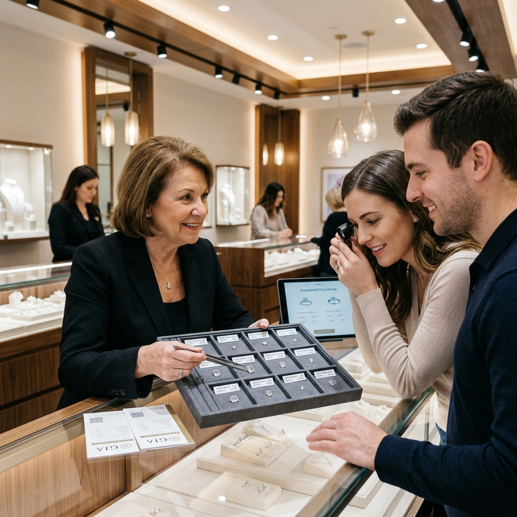 Jewelry salesperson presenting diamonds to engaged