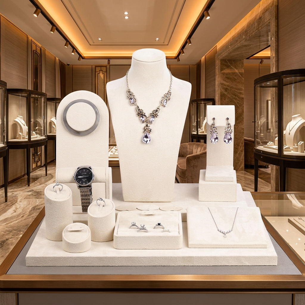 Fashion Cream Microfiber Jewelry Display Sets Used in Retail Stores