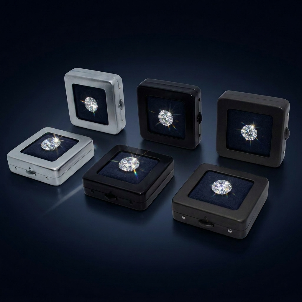 Shiny diamond diaply of slive black metal box