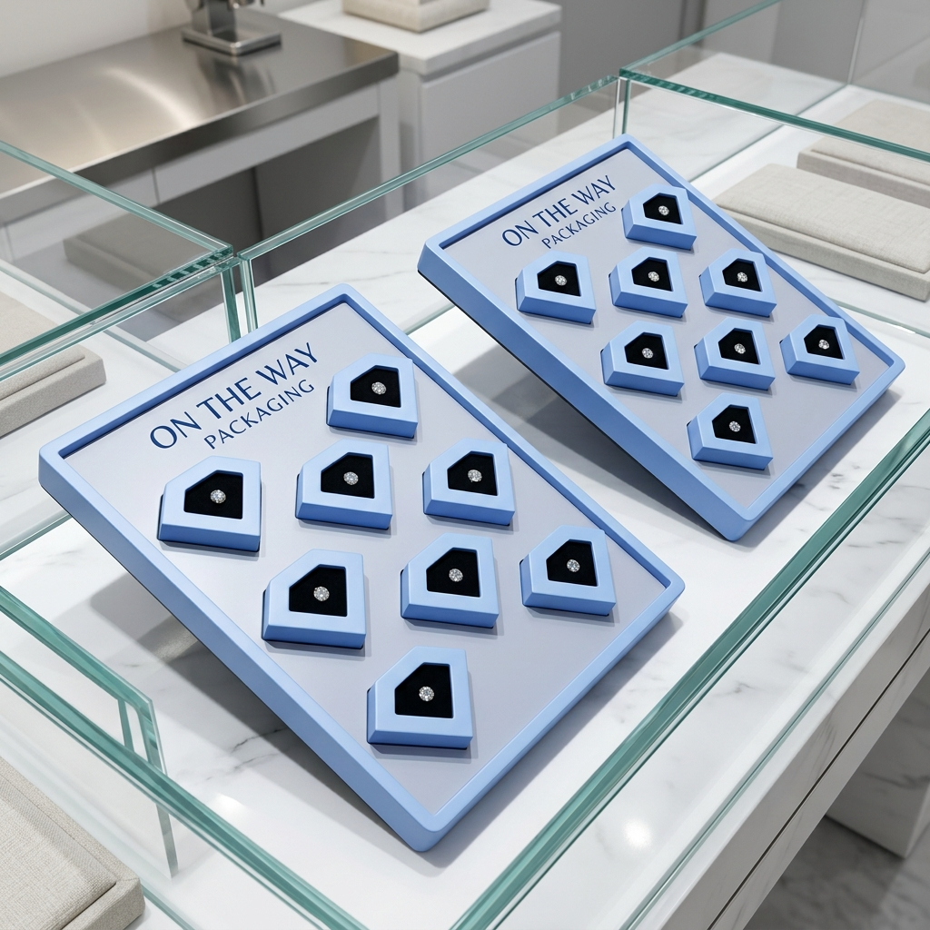 A display tray with a pentagonal diamond-shaped box and a blue border