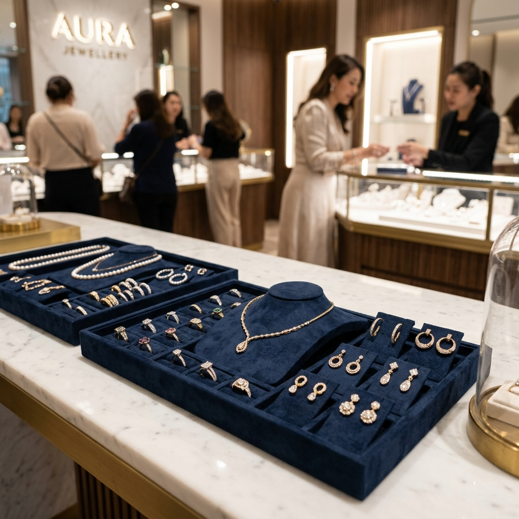 Tray display at the counter of a high-end jewelry store