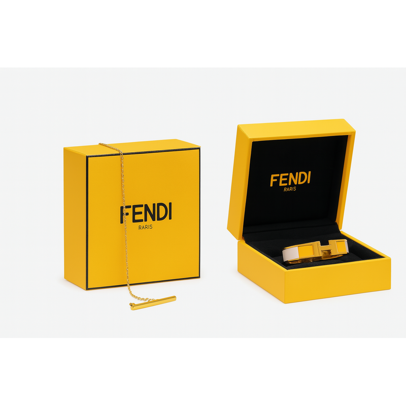 Fendi’s packaging embraces a bright, full-bodied yellow paired with a black logo for striking contrast.