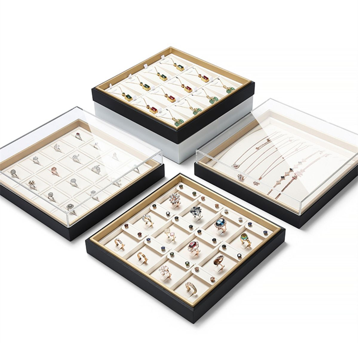 The clear acrylic tray offers a modern, minimalist look, perfect for displaying your jewelry in plain sight.