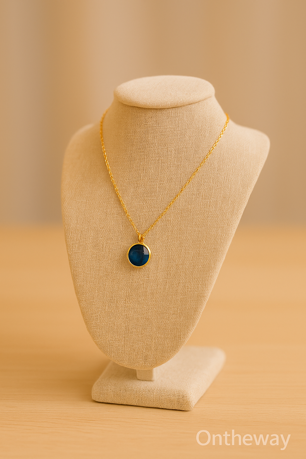 A digital photograph presents a beige linen-covered stand jewelry display holding a gold chain necklace with a round blue gemstone pendant, placed on a light wooden surface under warm soft lighting with a subtle Ontheway watermark.