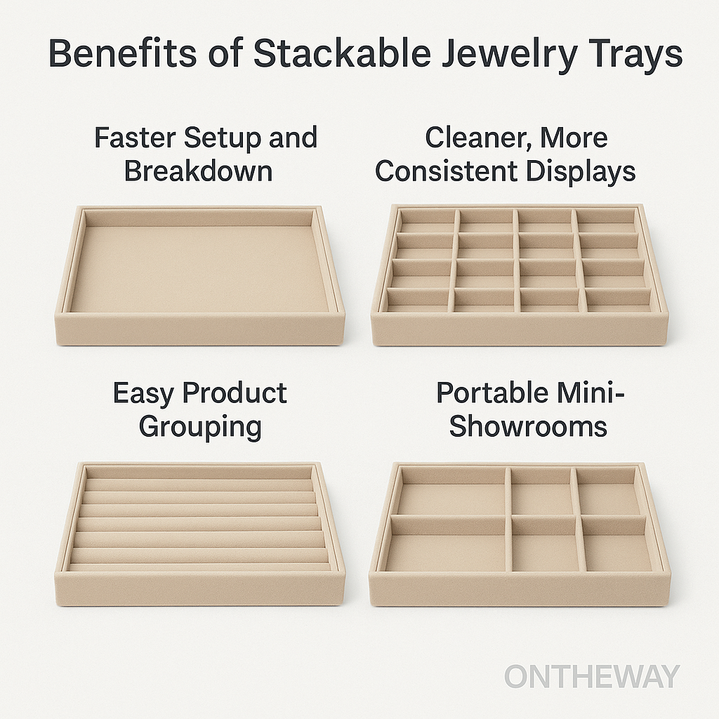 An infographic showcasing four benefits of stackable jewelry trays for wholesalers and trade show exhibitors, including faster setup, cleaner and more consistent displays, easy product grouping, and portable mini-showrooms. Each beige tray features different insert layouts, displayed on a clean white background with a subtle ONTHEWAY watermark.