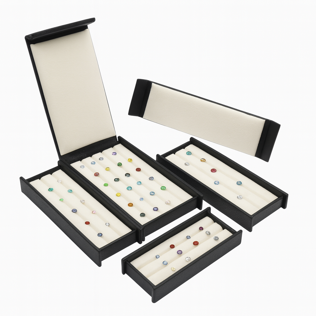 Gemstone display boxes with transparent acrylic, glass tops, or semi-open structures allow customers to instantly visualize a gemstone's fire, color, and cut.