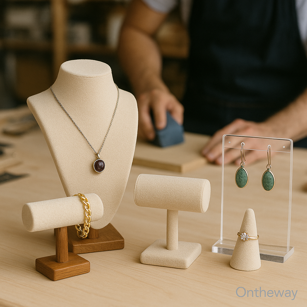 A luxury jewelry display collection featuring matching necklace stands, bracelet T-bars, an acrylic earring holder, and a velvet ring cone arranged neatly on a wooden counter under warm lighting, representing Ontheway Packaging’s custom jewelry display solutions with a subtle watermark.