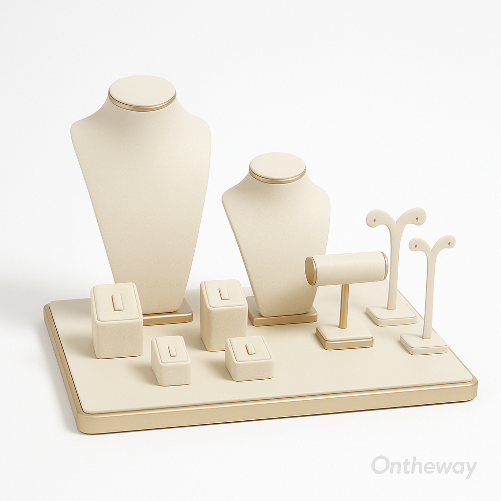 A full jewelry display set including necklace stands, ring holders, bracelet bars, and earring stands arranged on a matching base with soft natural lighting and an Ontheway watermark, showcasing elegant and cohesive design.