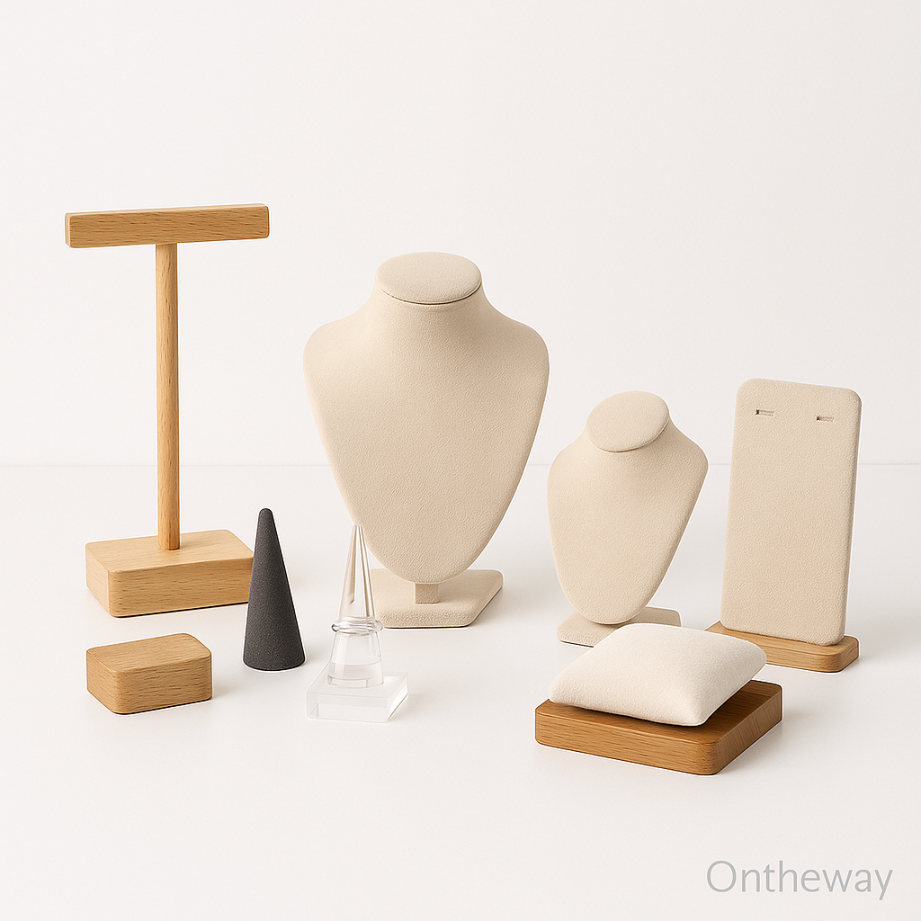 A photograph displays jewelry stands and display props including wooden necklace busts, velvet ring holders, acrylic earring racks, and bracelet displays arranged neatly on a white background under soft lighting with an Ontheway watermark.