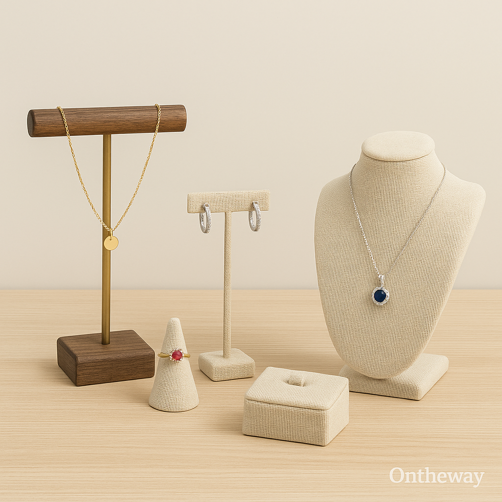 A digital photograph displays four jewelry display stands arranged on a light wooden surface, including a wooden T-bar with a gold necklace, a linen earring holder with silver hoops, a linen ring cone holding a red gemstone ring, and a linen necklace bust with a blue gemstone pendant, all under soft warm lighting with a subtle Ontheway watermark.