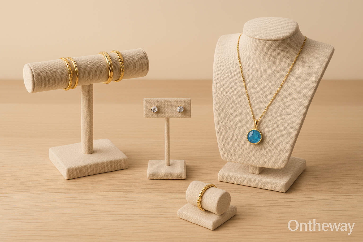 A digital photograph showcases four beige linen stand jewelry displays, including a bracelet T-bar with gold bangles, an earring stand with diamond studs, a necklace bust with a blue gemstone pendant, and a ring display holding a gold ring, arranged on a light wooden surface under warm soft lighting with a subtle Ontheway watermark.