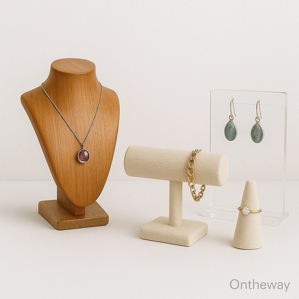 A close-up photograph shows a craftsman working on jewelry display stands made of wood, velvet, and acrylic under bright soft lighting, highlighting the combination of materials and precision craftsmanship with an Ontheway watermark.