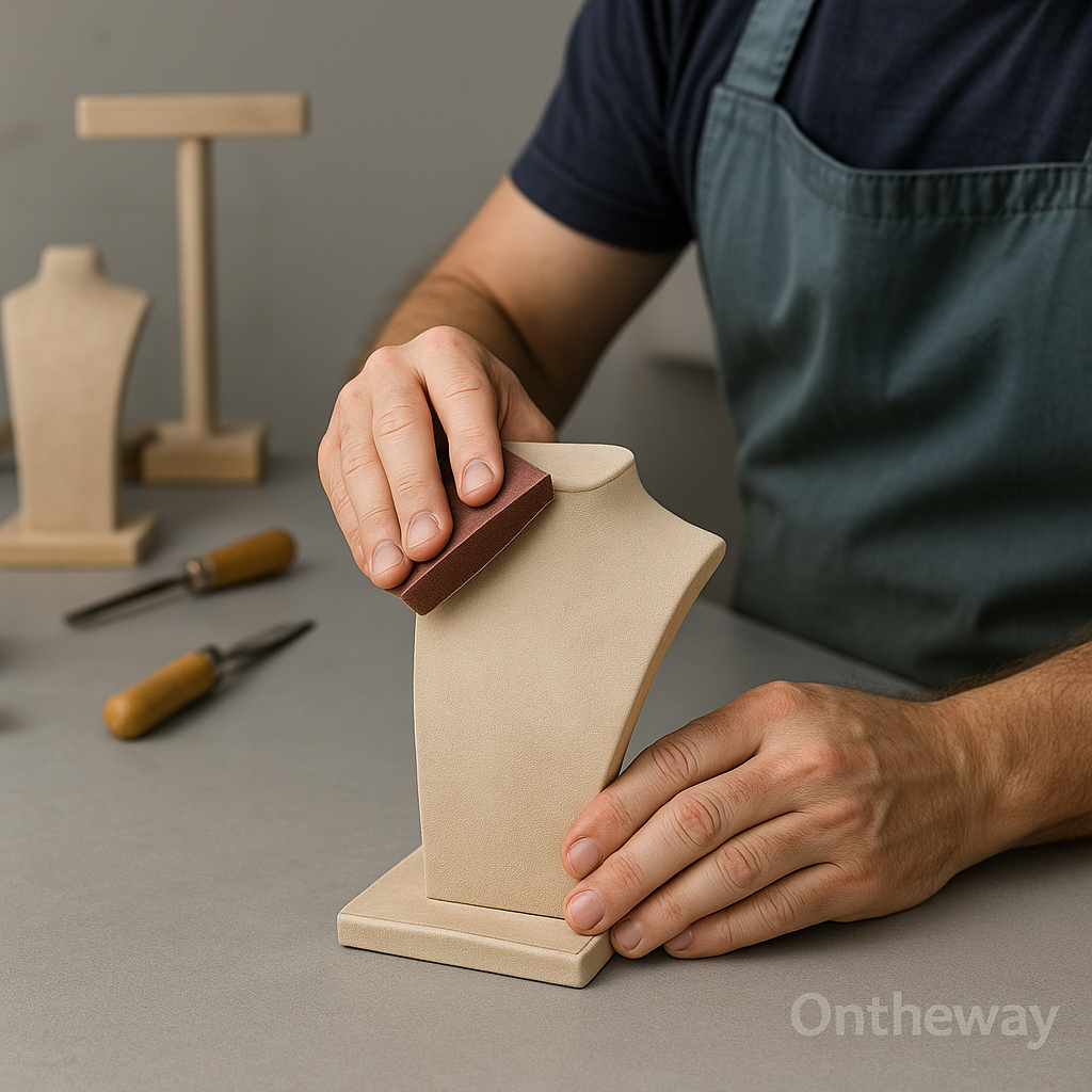 A craftsman at Ontheway Packaging carefully sanding a beige velvet-covered jewelry display stand on a workbench, surrounded by tools and unfinished stands, showing professional craftsmanship and attention to detail with a subtle Ontheway watermark.