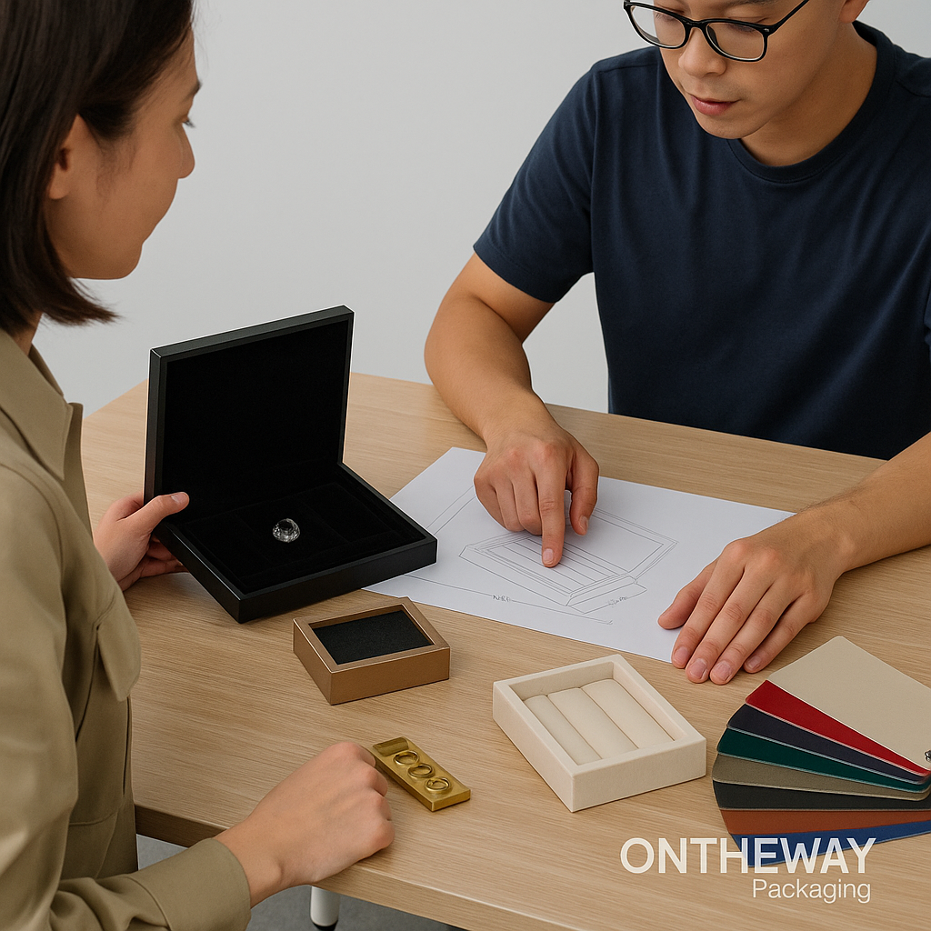 A factory designer and a client discussing custom gemstone display box designs with samples, technical drawings, and color swatches on a wooden table, showing the OEM/ODM customization process at Ontheway Packaging.