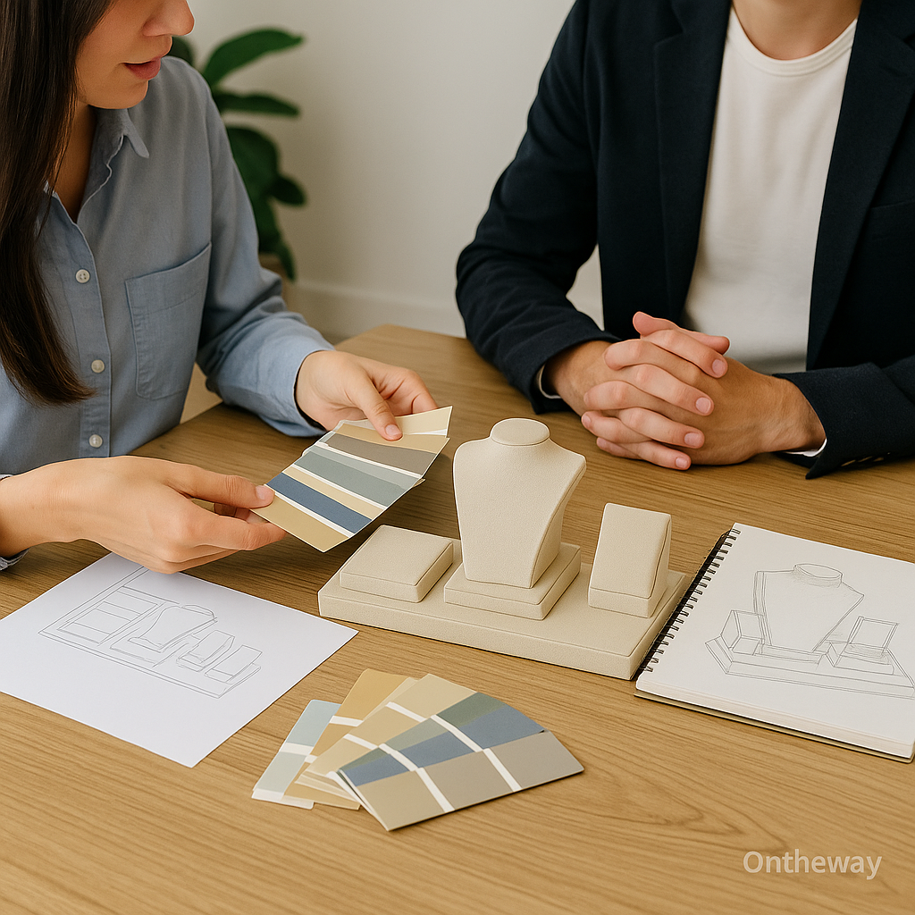 A designer and client at Ontheway Packaging discussing custom jewelry display set designs with color swatches, sketches, and sample displays on a wooden table, showing the OEM/ODM customization process and professional collaboration.