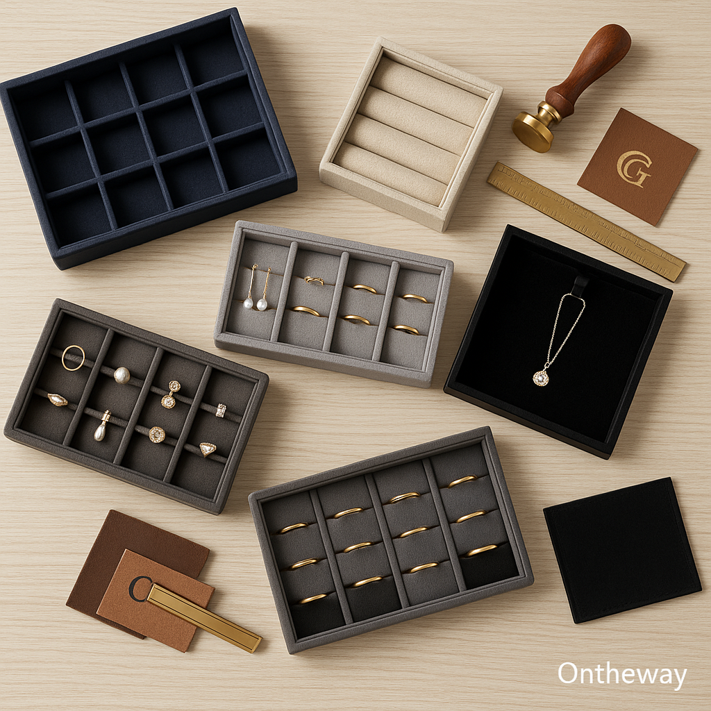 A high-resolution photograph displays five custom jewelry organizer trays arranged on a light wooden surface, featuring ring slot trays, grid trays, bracelet trays, and a black pendant display tray, along with branding tools such as a brass embossing stamp, fabric swatches, and a metal ruler, all shown with a subtle Ontheway watermark to represent factory customization services.