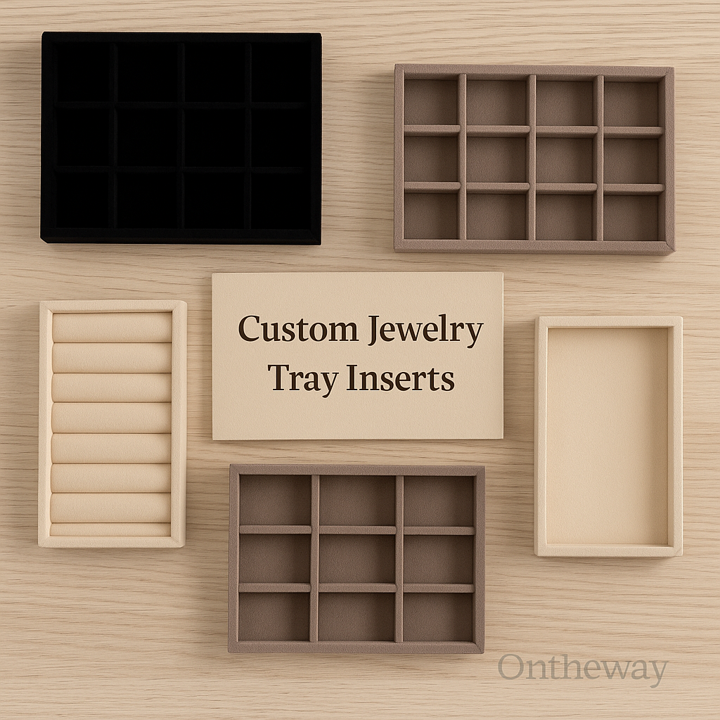 A photograph displays four custom jewelry tray inserts in beige, brown, and black materials, featuring different internal layouts including ring slots, grid compartments, and open sections. The trays are arranged around a beige card reading “Custom Jewelry Tray Inserts,” placed on a light wooden surface with a subtle Ontheway watermark.