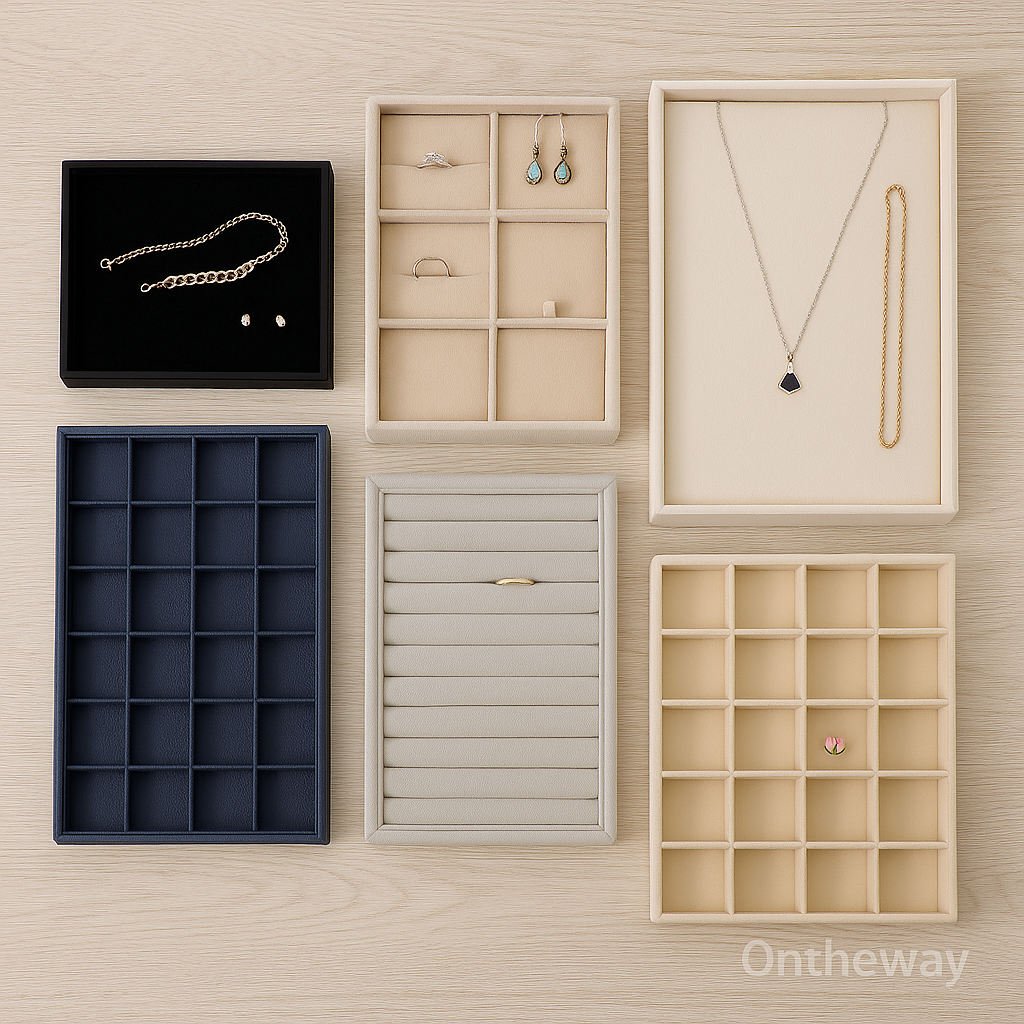 A photograph showcases six jewelry display trays arranged neatly on a light wood surface, including velvet, linen, PU leather, and multi-grid trays, each holding various jewelry pieces such as rings, earrings, bracelets, and necklaces, with a subtle Ontheway watermark.