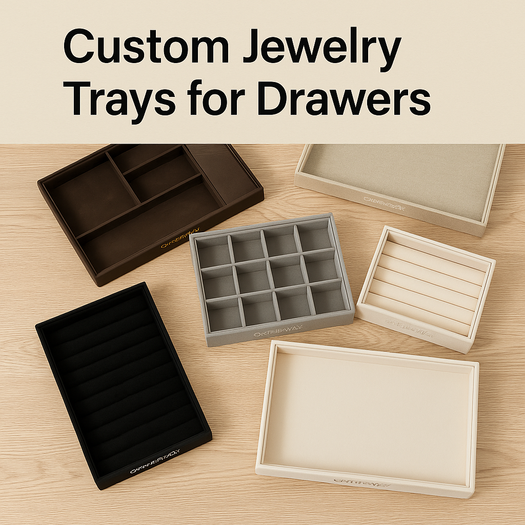 A photograph displays five ONTHEWAY-branded custom jewelry trays for drawers arranged on a light wooden surface, featuring various layouts including grid compartments, ring slots, open trays, and mixed dividers in beige, brown, gray, and black materials.