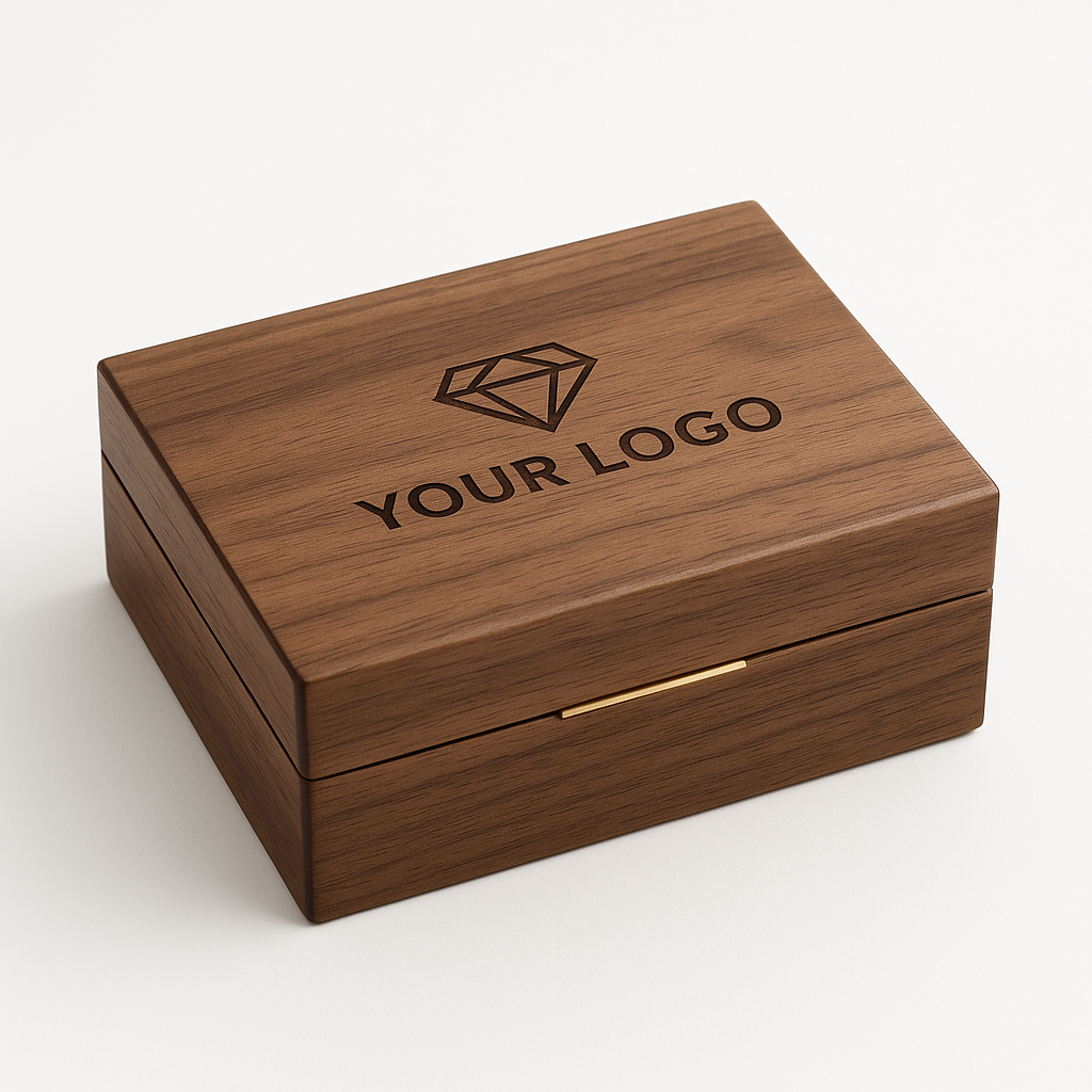 Rectangular walnut wooden jewelry box featuring a laser-engraved custom logo on the lid, designed for premium jewelry branding and OEM logo customization.