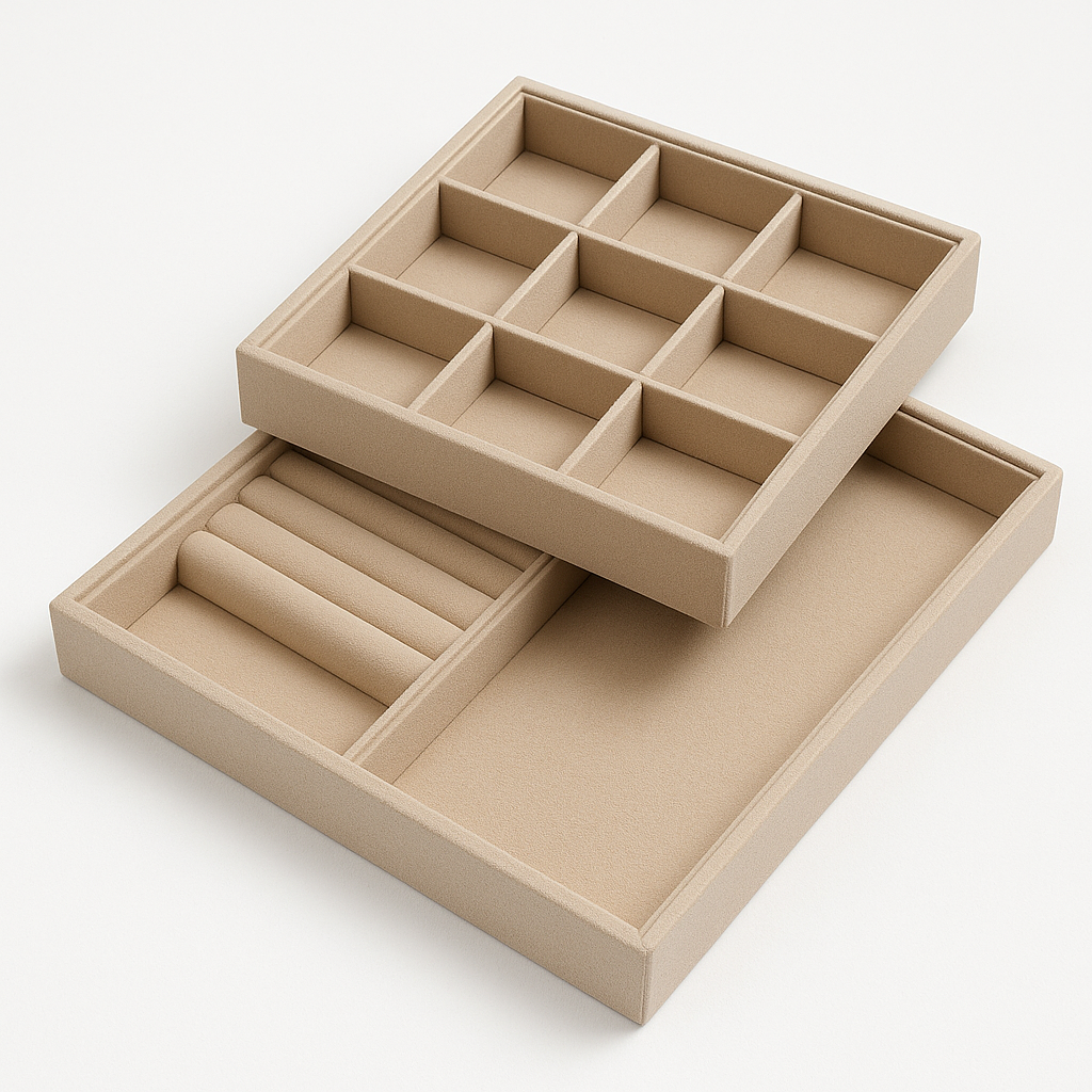 A clean white-background product photo featuring three custom size jewelry trays in beige velvet. Each tray shows a different internal layout, including ring slots, multi-grid compartments, and an open flat section—highlighting how customized tray dimensions can fit various jewelry categories. A subtle ONTHEWAY watermark appears in the corner.