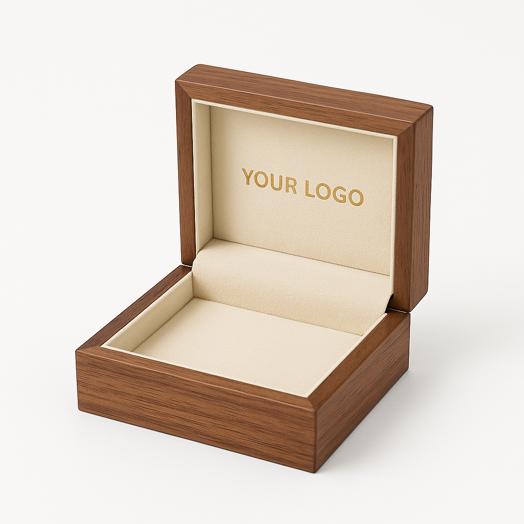 Custom wooden jewelry box with logo and velvet interior for premium branding and jewelry presentation.