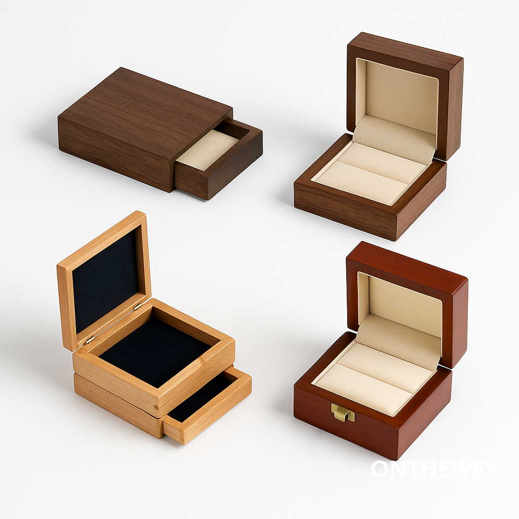 A set of four custom wooden jewelry boxes in walnut, cherry, beech, and bamboo finishes, featuring different structures including sliding drawer, hinged lid, and velvet-lined interiors, displayed on a white background.