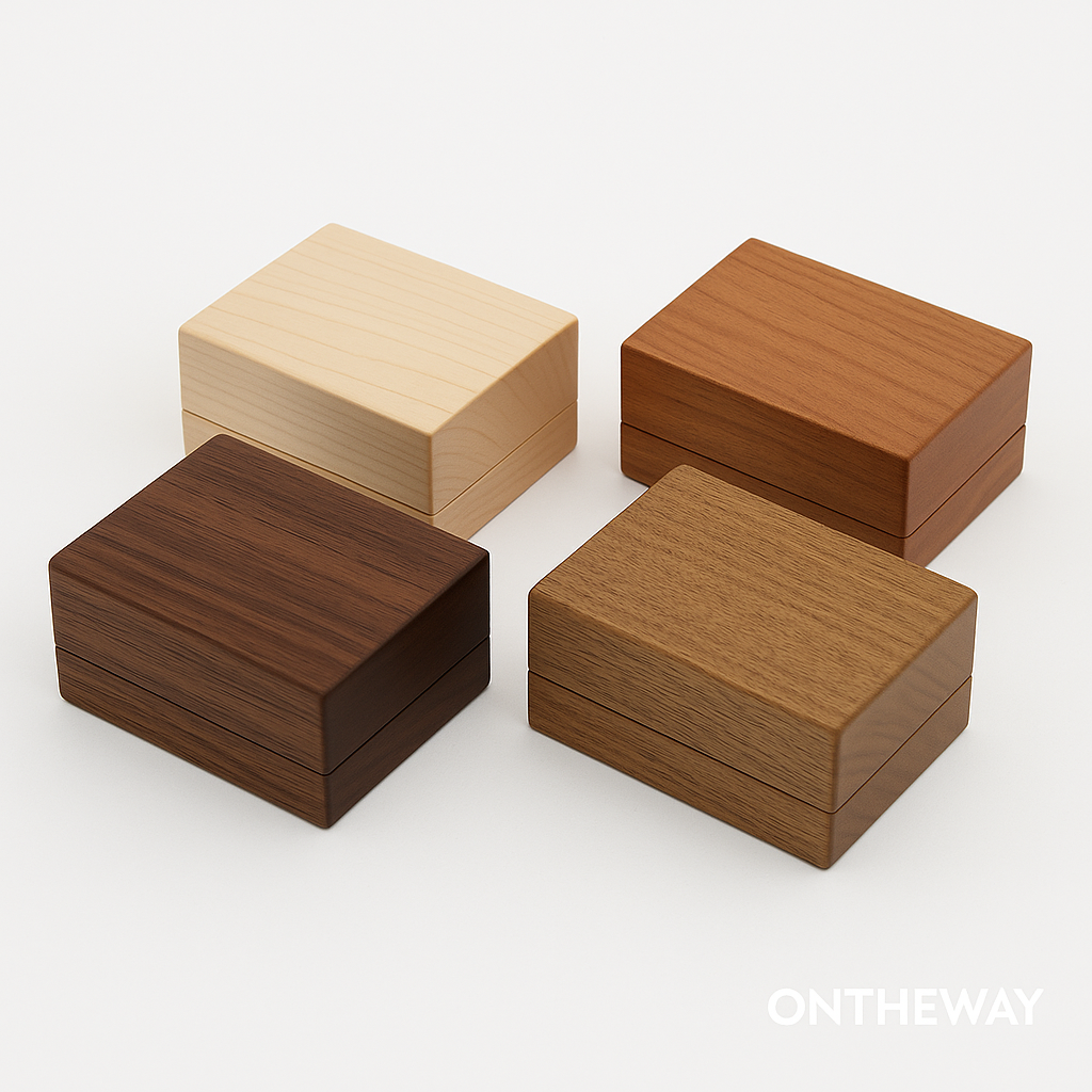 Four rectangular wooden jewelry boxes in walnut, maple, cherry, and oak finishes displayed on a white background, showcasing material options for custom wooden jewelry box manufacturing.