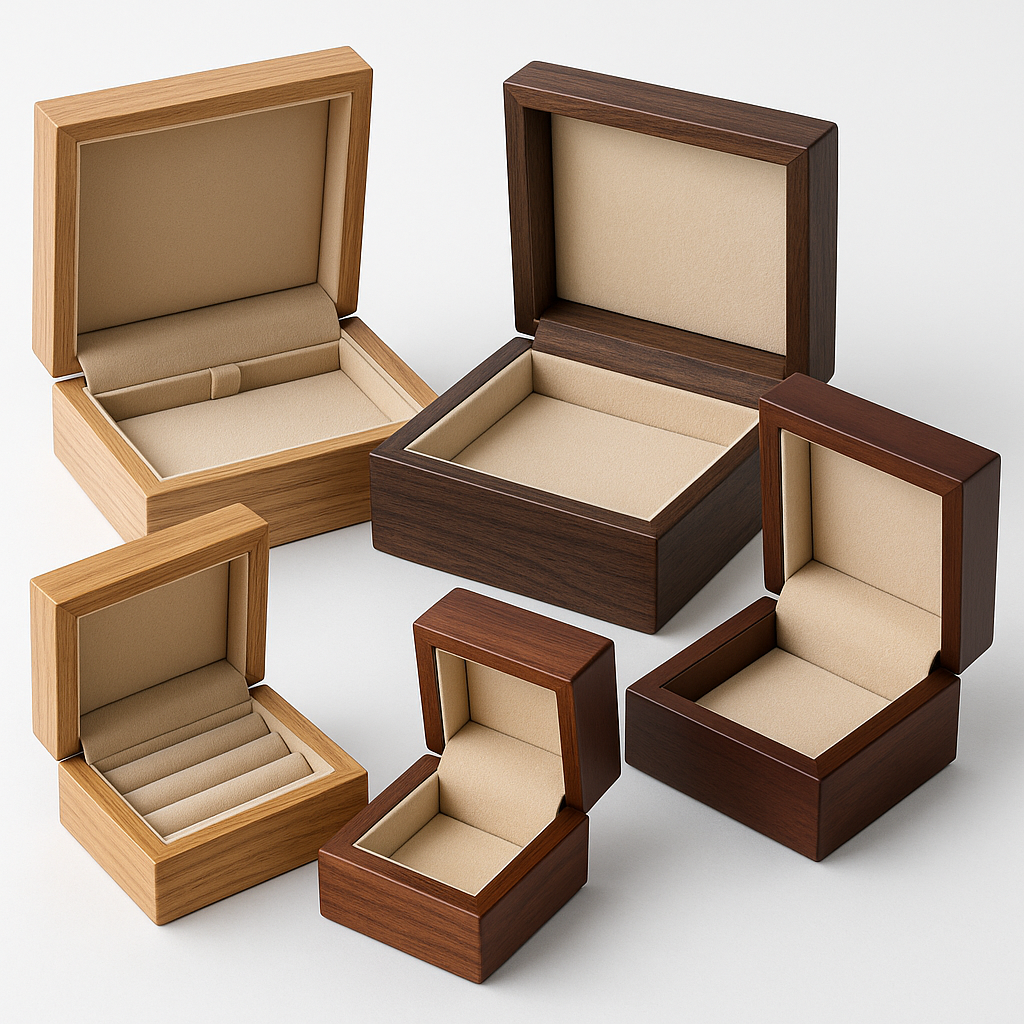 Four OEM wooden jewelry boxes in walnut, cherry, oak, and dark wood finishes with beige velvet interiors, showcasing customizable structures and insert options for jewelry packaging.