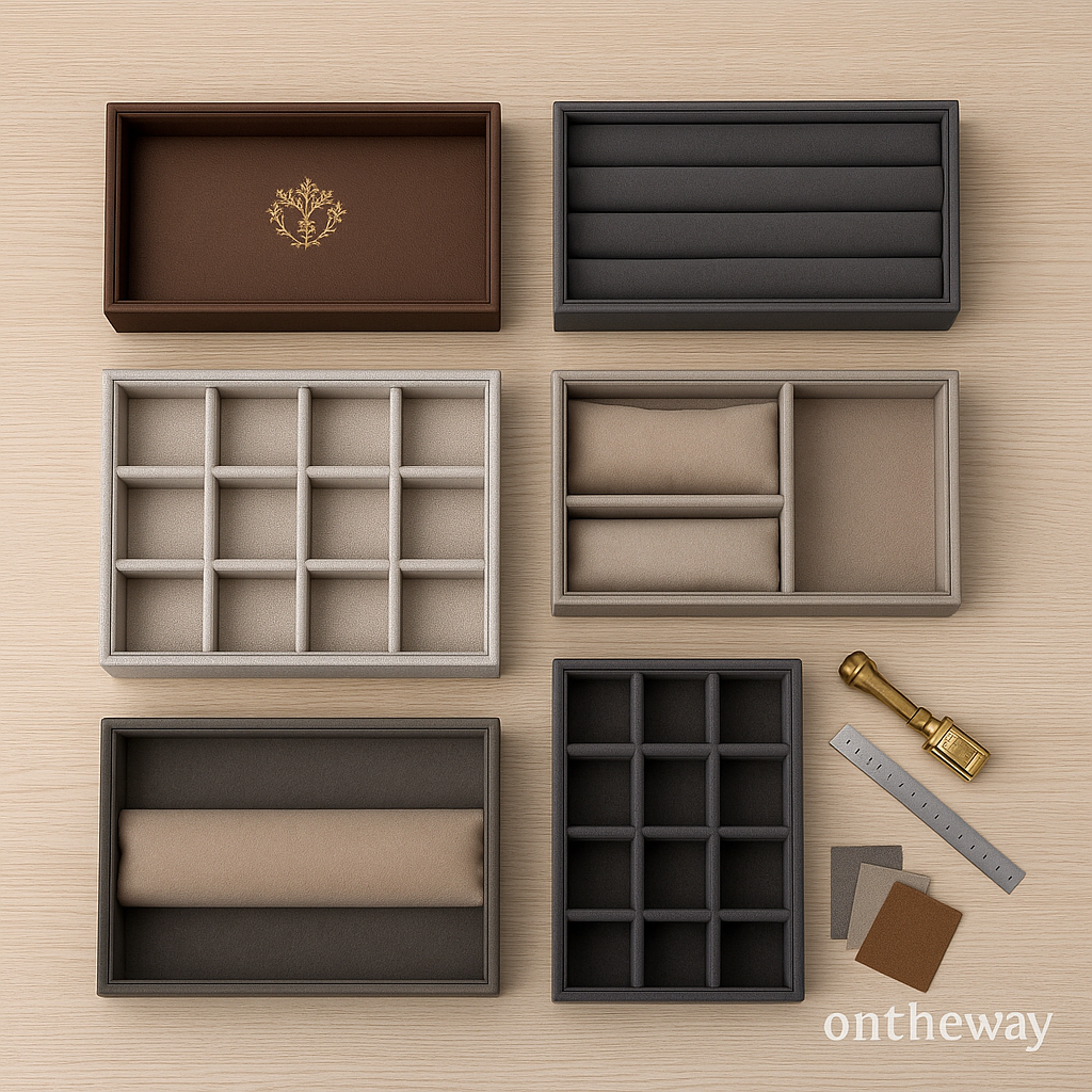 A high-resolution photograph showcases five wholesale stackable jewelry trays in various styles—including leatherette, velvet, and linen—neatly arranged on a light wooden surface, with grid trays, ring slot trays, and bracelet pillow trays. Custom branding tools such as a brass embossing stamp, ruler, and fabric swatches are displayed beside the trays, with a subtle Ontheway watermark.