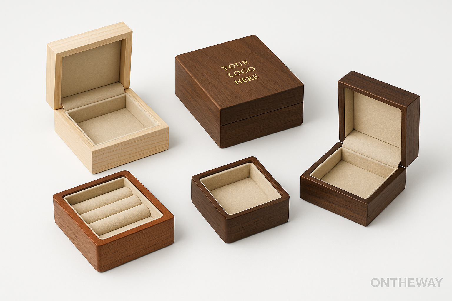 Custom wooden jewelry boxes in various sizes, wood tones, and interior materials designed for branding and retail packaging.