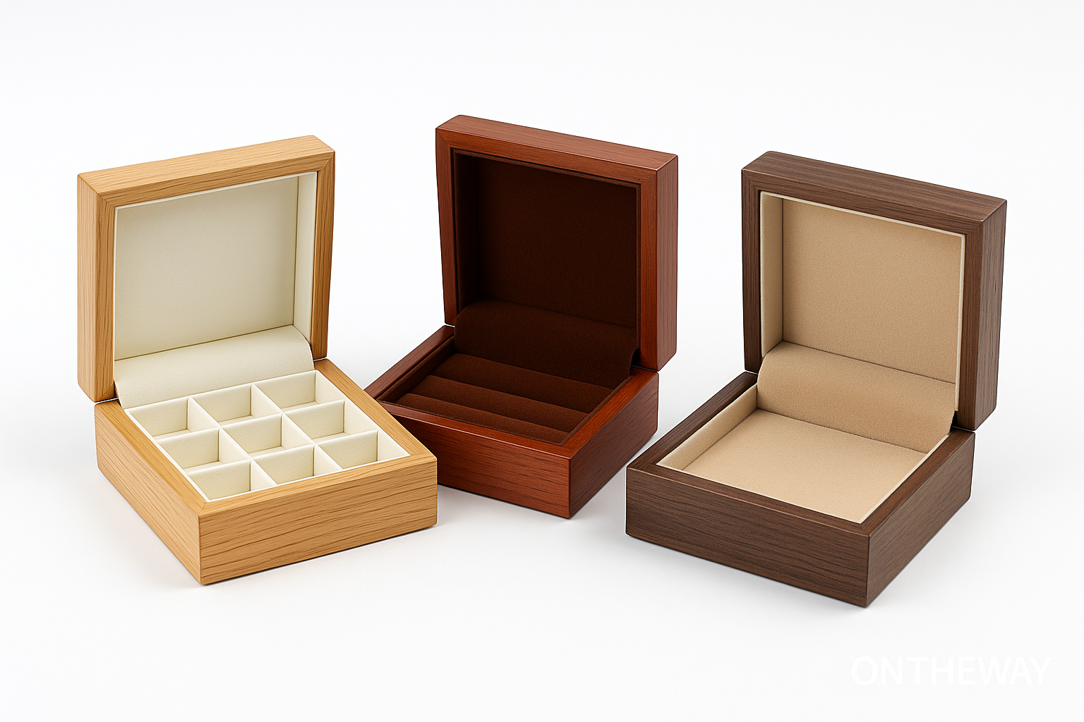 Three wooden jewelry packaging boxes in different wood finishes—light oak, cherry, and dark walnut—featuring various interior layouts including grids, ring slots, and velvet-lined open compartments.