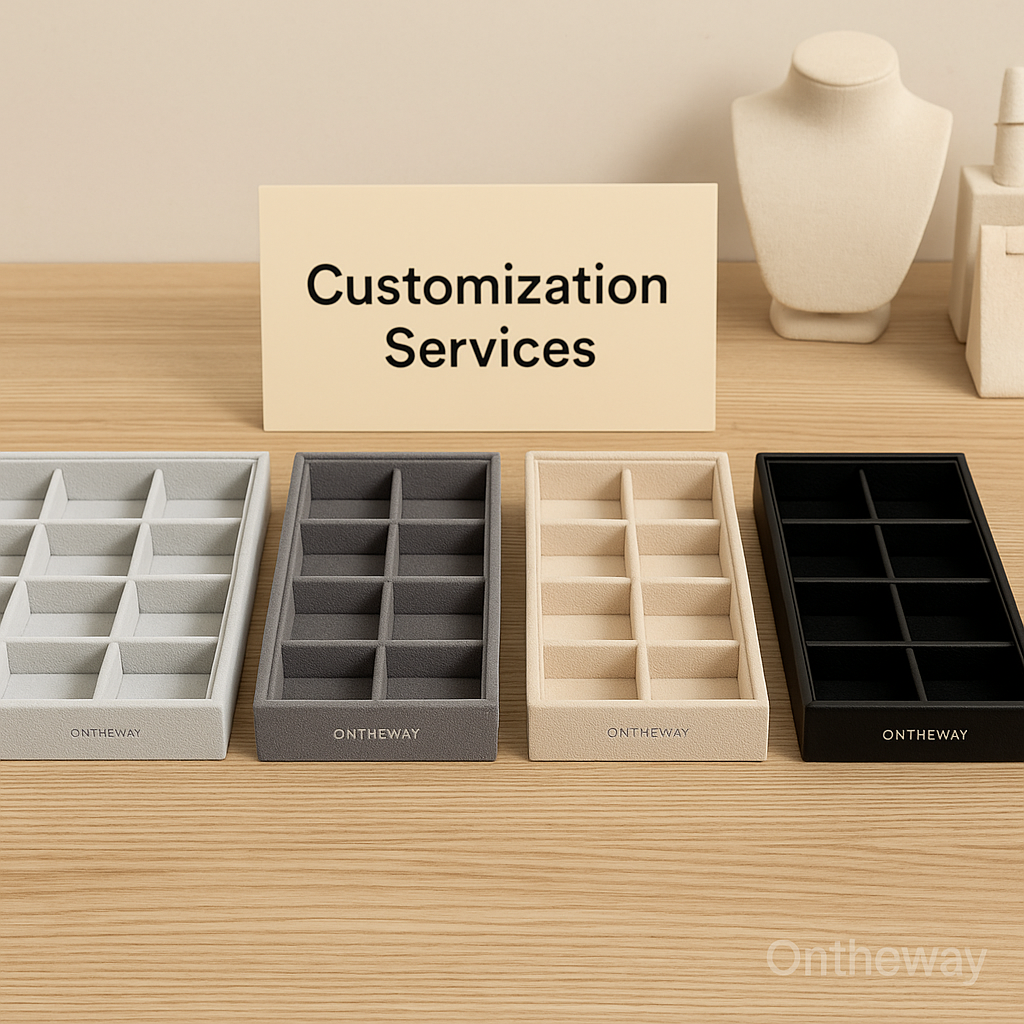 A photograph showcases four ONTHEWAY-brand jewelry drawer trays in light gray, dark gray, beige, and black, arranged neatly on a wooden surface in front of a sign labeled “Customization Services,” with a jewelry display bust in the background and a subtle Ontheway watermark.