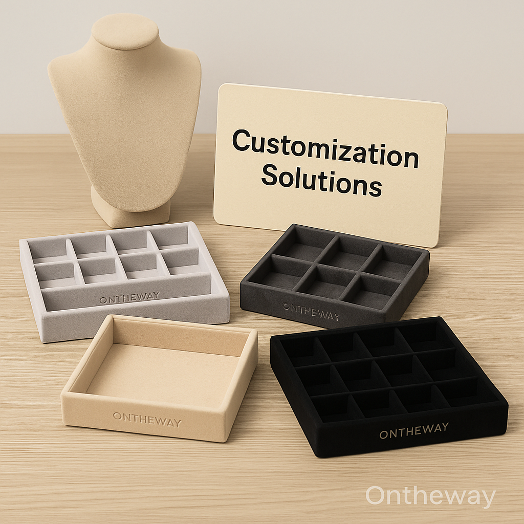 A digital photograph showcases four jewelry tray inserts in beige, gray, and black materials arranged neatly on a light wooden surface. A beige display card labeled “Customization Solutions” stands behind them, with fabric swatches and a jewelry bust in the background. A subtle Ontheway watermark is visible.