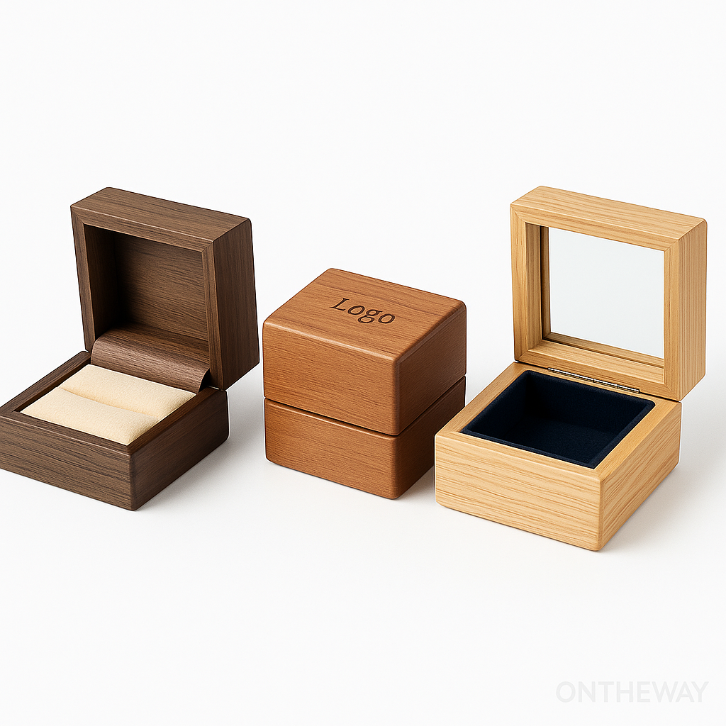 Three customized wooden ring boxes in walnut, cherry, and light oak finishes, featuring different interior linings and structural styles for wholesale jewelry packaging.