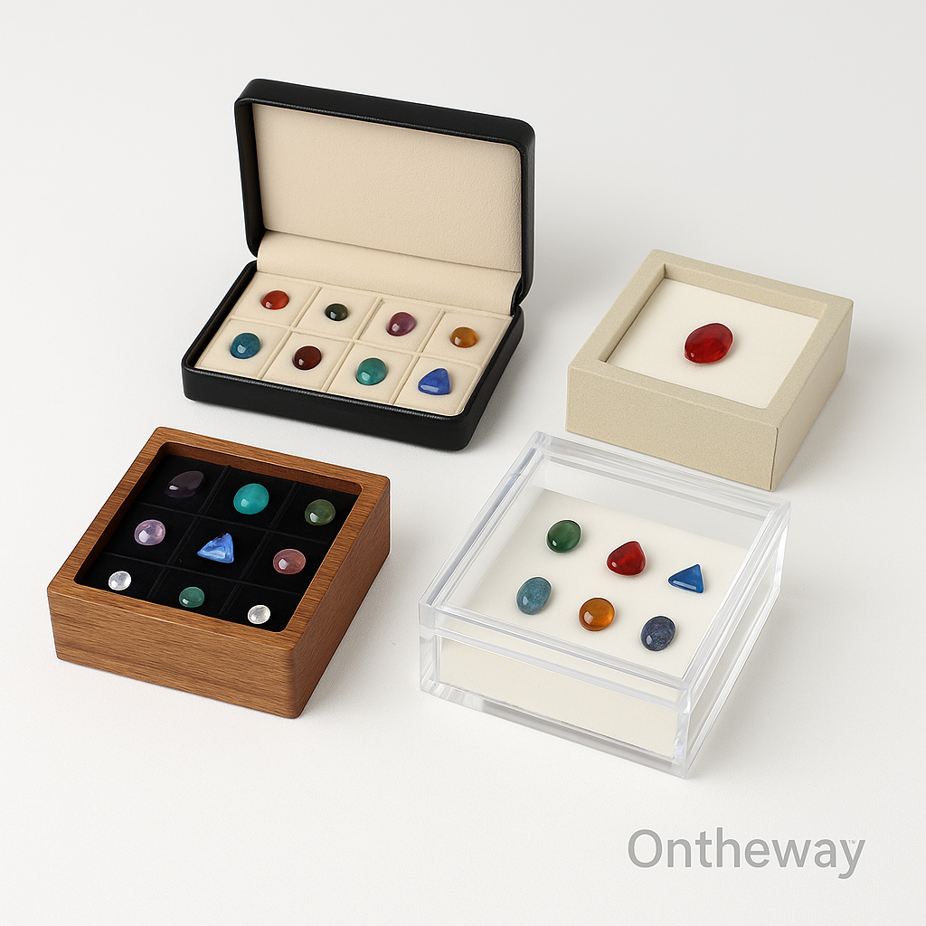 Four gemstone display boxes in wood, acrylic, leatherette, and paperboard materials, neatly arranged on a white background with gemstones inside, showing various textures and finishes, labeled with Ontheway watermark.