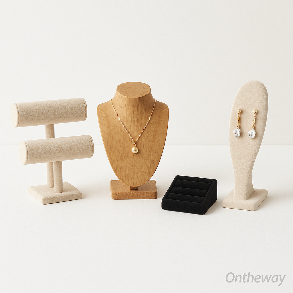A photograph showcases four jewelry display stands including a T-bar bracelet holder, a wooden necklace bust, a black velvet ring tray, and a beige earring stand with gold jewelry, all arranged on a white background under soft lighting with an Ontheway watermark.