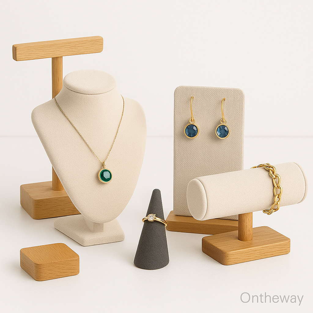 A digital photograph displays a collection of jewelry stands including a beige velvet necklace bust, a ring cone, an earring holder, and a bracelet pillow made of wood and fabric, all arranged neatly on a white background with a subtle Ontheway watermark.