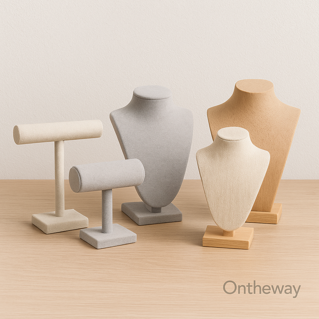 A digital photograph displays four jewelry display stands including two T-bar bracelet holders and two necklace busts made of wood and linen fabric, arranged on a light wooden surface against an off-white wall with soft lighting and an Ontheway watermark.