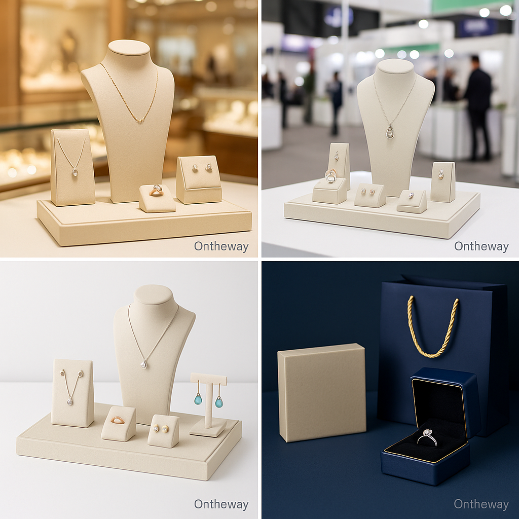 A collage of four jewelry display set scenes with the Ontheway watermark, showing modern presentation styles across retail counters, trade shows, e-commerce photography, and luxury gift packaging, reflecting 2025 jewelry display trends.