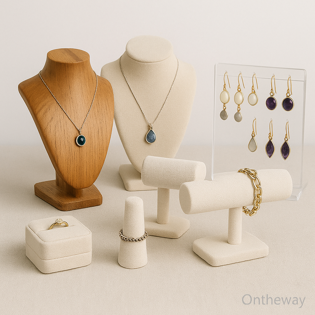 An elegant jewelry display arrangement featuring wooden and velvet necklace stands, acrylic earring racks, and ring holders arranged on a beige surface under warm soft lighting, showcasing material harmony and refined presentation with a subtle Ontheway watermark.