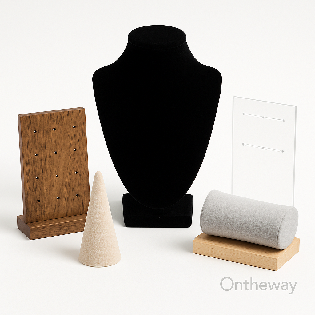 A digital photograph showcases a collection of jewelry display stands including a wooden earring holder, a black velvet necklace bust, a beige ring cone, an acrylic earring display, and a gray velvet bracelet pillow, arranged on a white background with a subtle Ontheway watermark.